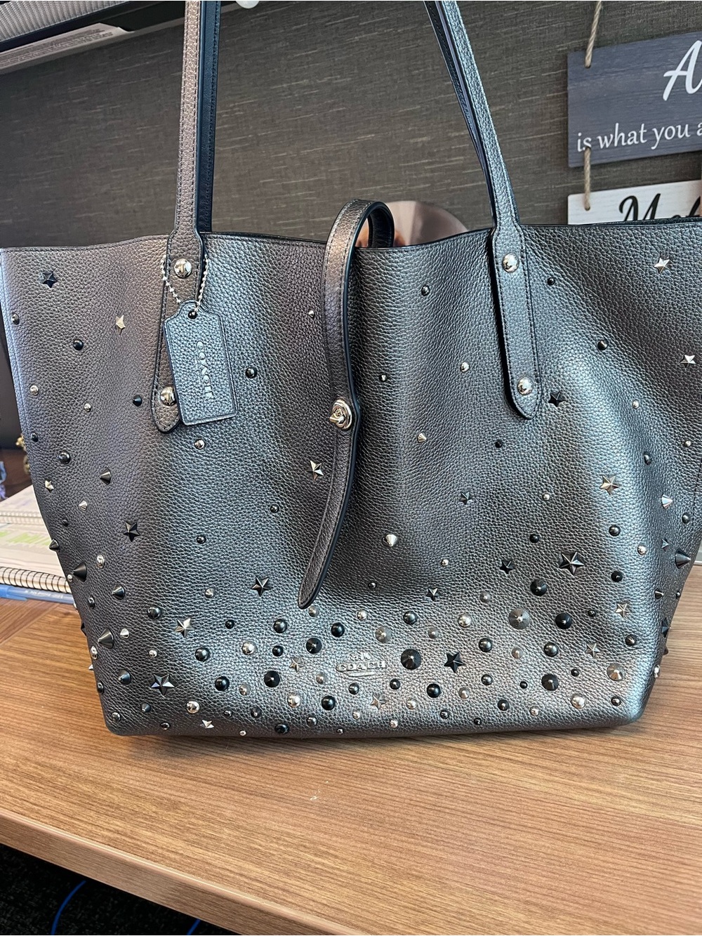 Coach Pewter Pebbled Leather Star & Stud Tote